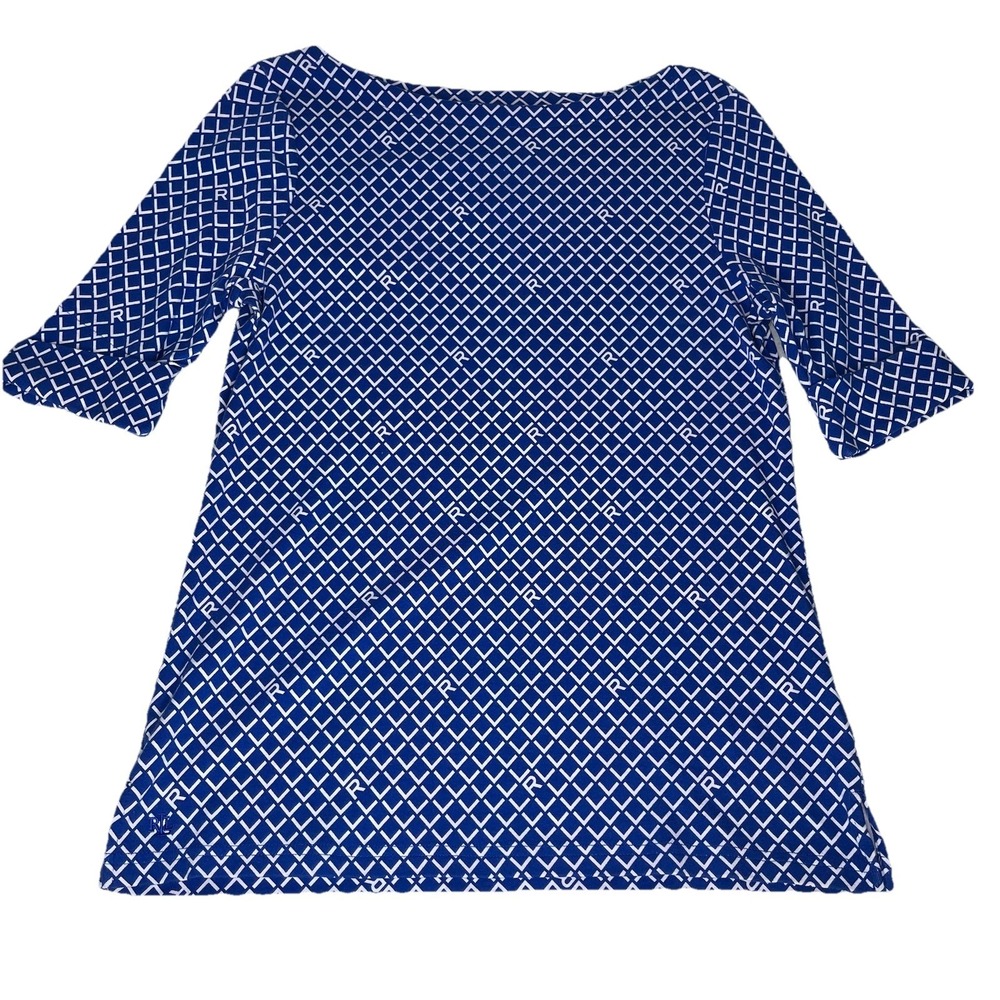 Lauren Ralph Lauren Top Womens L Blue Boat Neck Short Sleeve Stretch Casual Logo